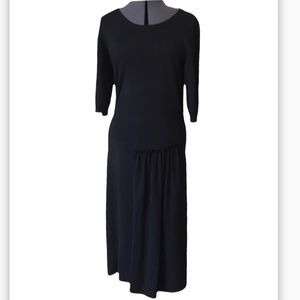 Luxury Brand Aeffe Spa Made in Italy Black Knit Midi Dress with Ruching